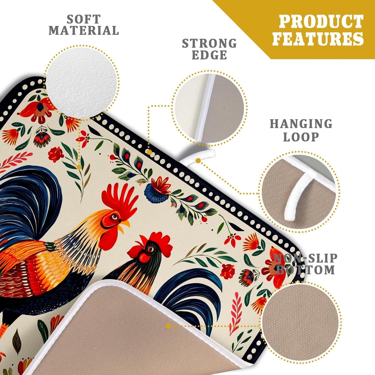 Roosters Chicken Dish Drying Mat for Kitchen Counter Absorbent Microfiber Drying Pad 16 x18 In