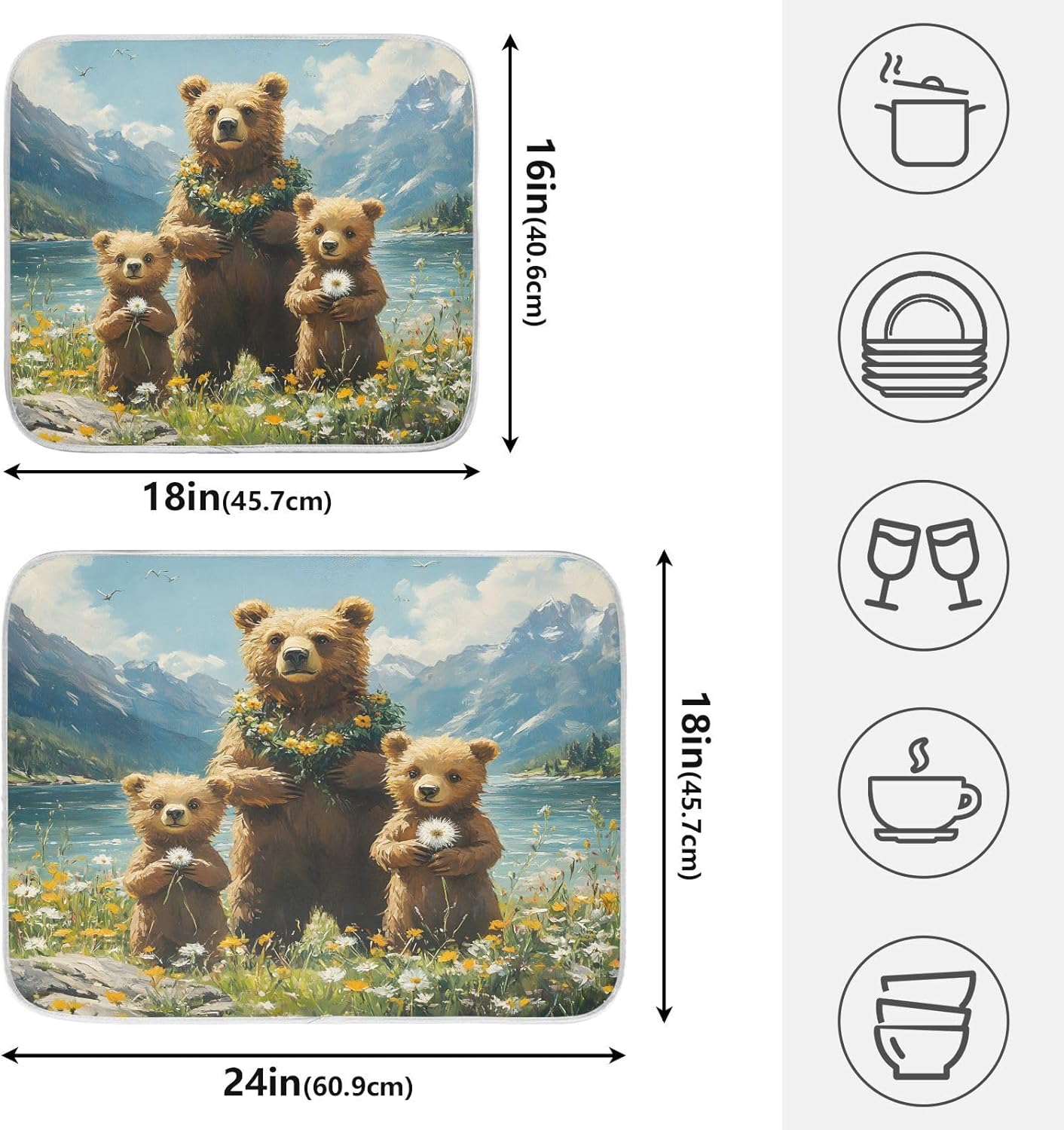 Three Bear Dish Drying Mat for Kitchen Counter Absorbent Microfiber Large Drying Pad Dandelion Wildflowers Dish Mats for Kitchen Countertops 18 x 24 Inch