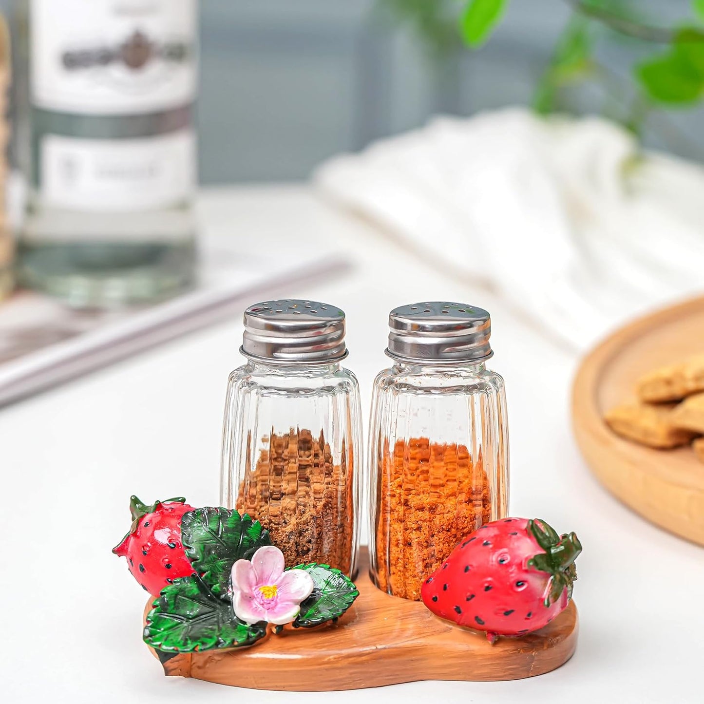 Salt And Pepper Shakers Set Dispenser with Resin Strawberry Figurine And Statues Holder - Glass Spice Jars Included