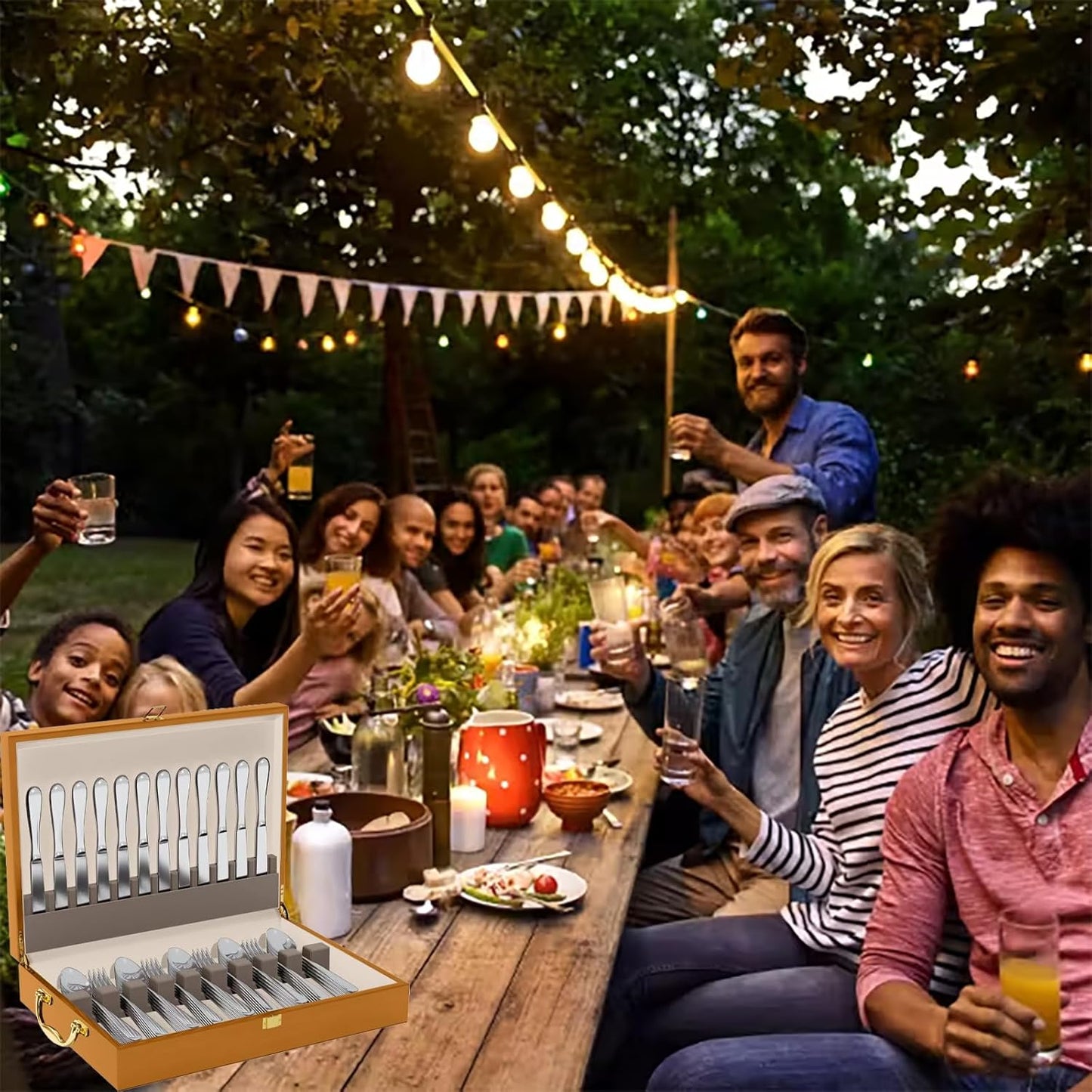 Wooden Silverware Chest without Silverware, Flatware Storage Box with Felt Lined, Silverware Organizer with Lid, Silverware Case for 12 Sets of Utensils, Walnut