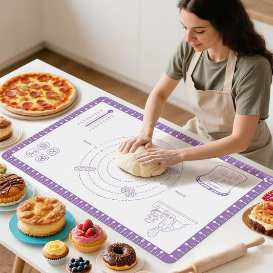 Silicone Pastry Mat with 10 Useful Recipes, Silicone Mat for Baking, Dough Rolling for Bread, Cookie, Macaron, Pizza, Surdough, Pastry Non Stick Silicone Mat for Counter