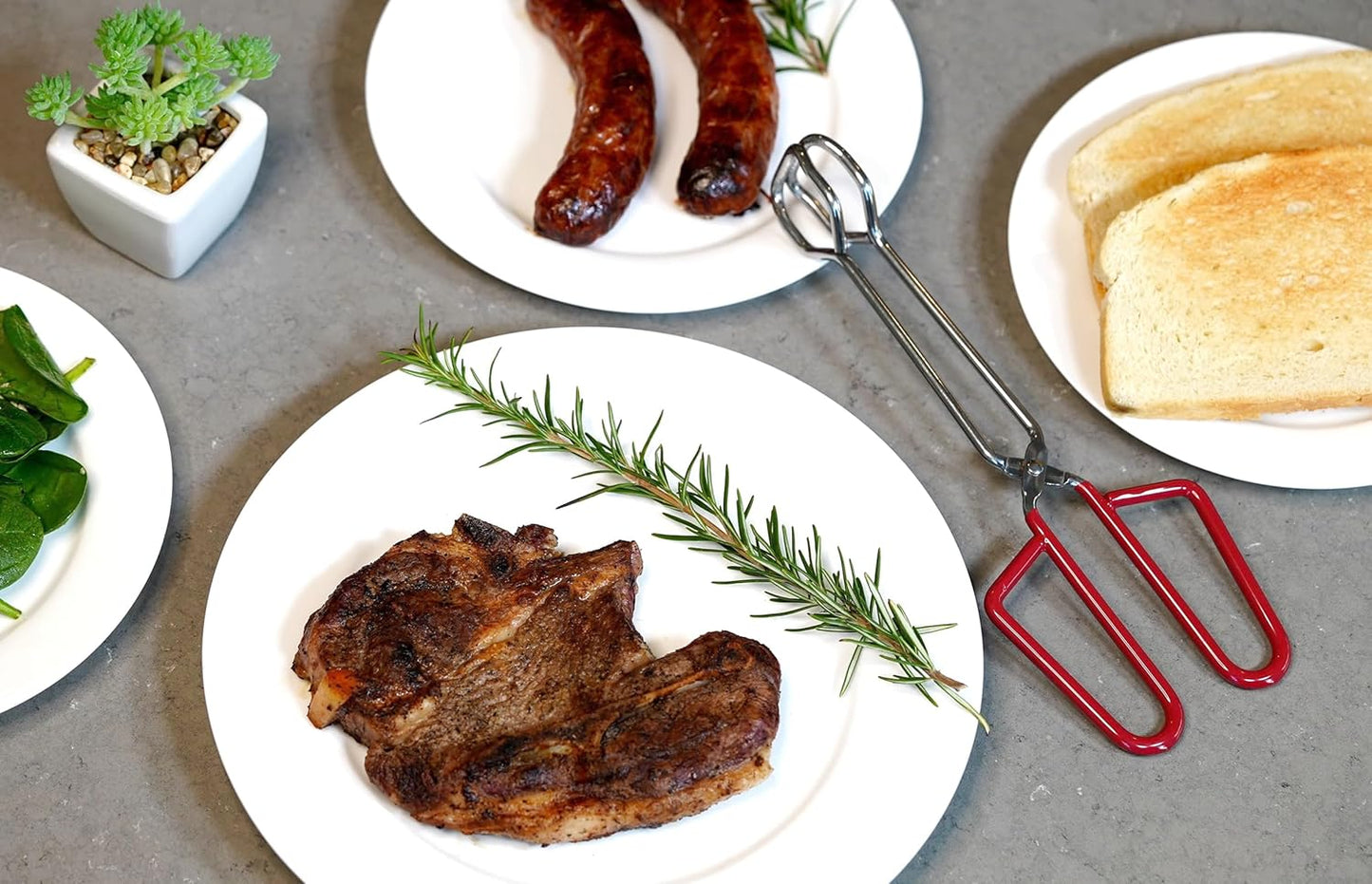 10-Inch Heavy Duty Stainless Steel Kitchen Tongs - Non-Slip Comfortable Red Grip, Scissor Design, Heat Resistant for BBQ and Cooking, Set of 3