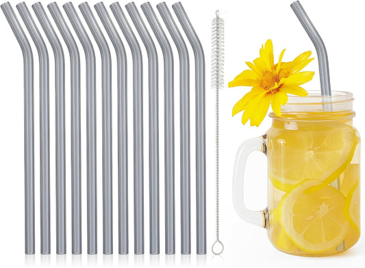 12 Pcs Reusable Glass Straws 8"x 8 mm Bent Glass Drinking Straws with Cleaning Brush for Tea, Smoothies, Milkshakes, Juices,Beverages(smoky gray)