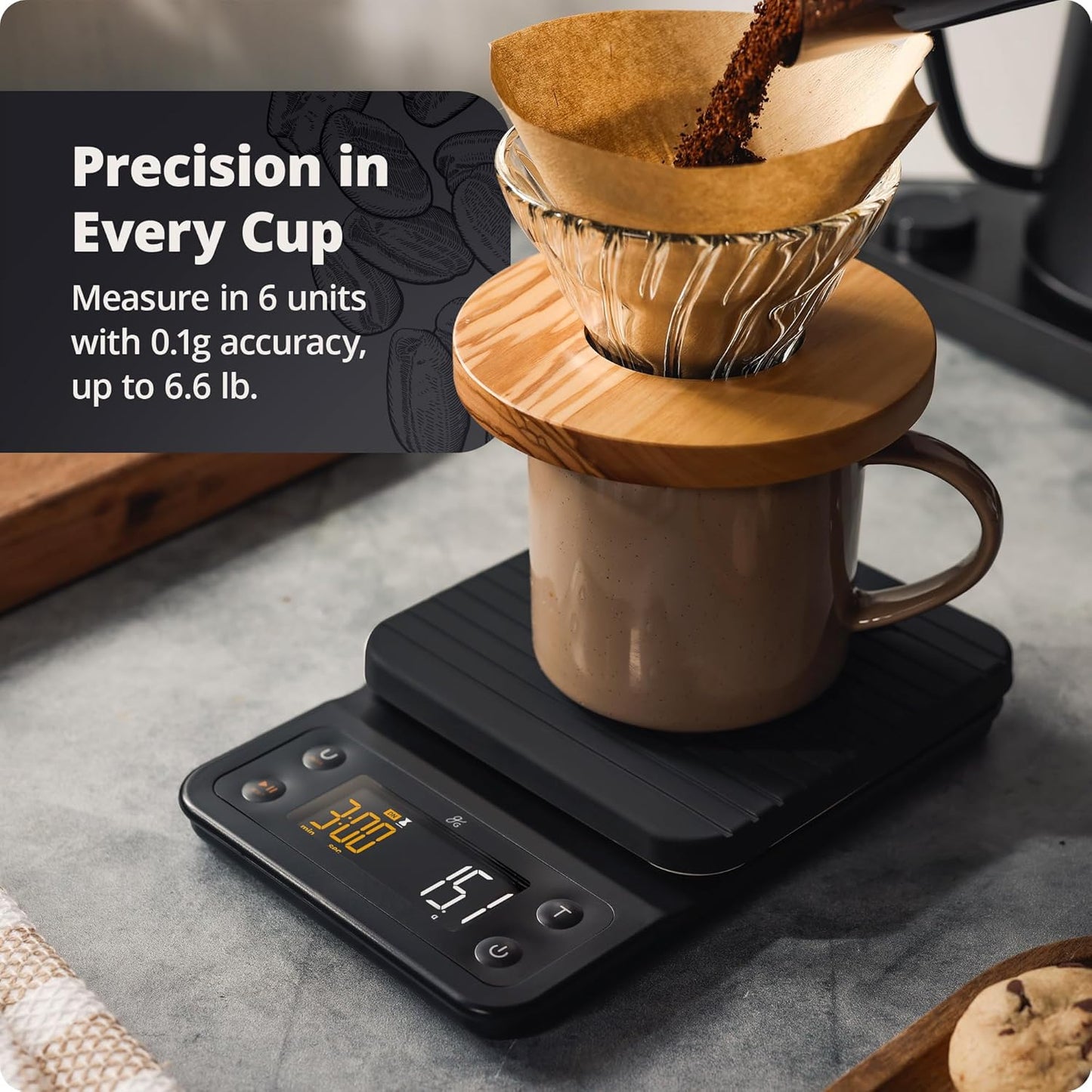 Greater Goods 0.1g Precision Coffee Scale with Timer – 3kg Digital Scale for Pour-Over, Espresso, French Press, Kitchen Use (Onyx Black)