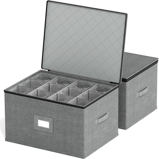 SpaceAid Wine Glass Stemware Storage 2 Pack, China Storage Containers, Hard Shell Quilted Cases with Soft Plate Separators, Moving Supplies Packing Boxes for 24 Glasswares (Grey)
