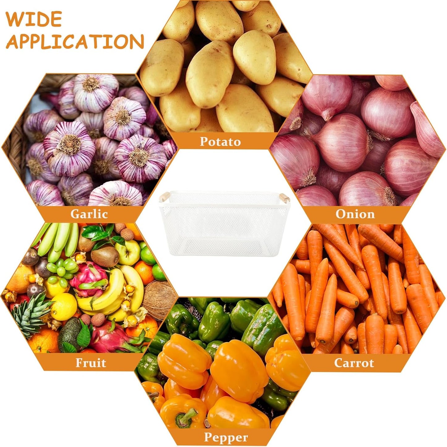 Potato and Onion Storage Bin, 2 Set Potato Bin Storage and Onion Container with Wooden Handle, Pantry Kitchen Organization and Storage, Metal Mesh Baskets for Fruit, Vegetable, Produce-White