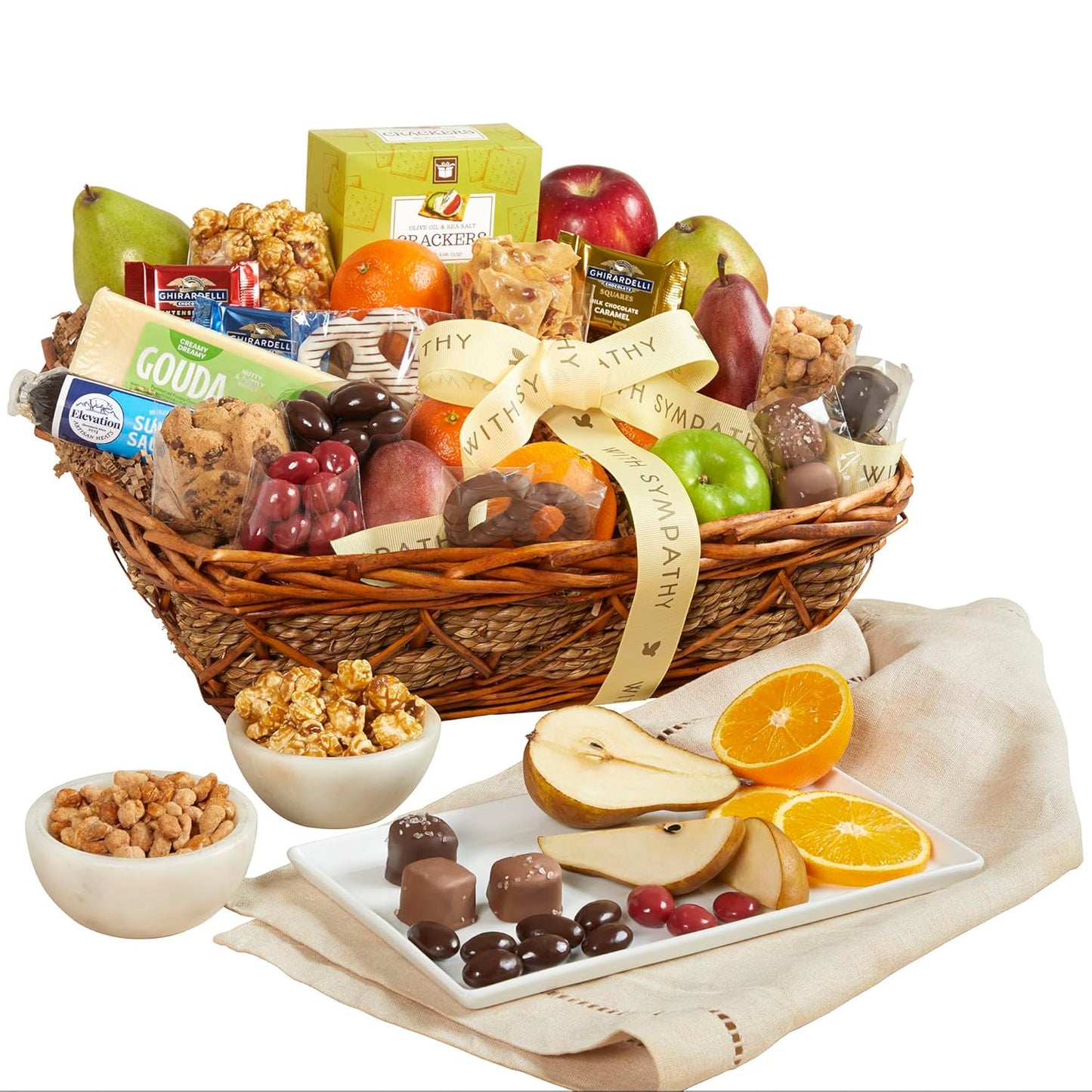 GreatFoods Sincere Sympathy Fruit & Sweets Deluxe Gift Basket, Gourmet Condolence Food Gift with Apples, Pears, Oranges, Crackers, Chocolate, Nuts, Cookies, Cheese, Bereavement Care Package