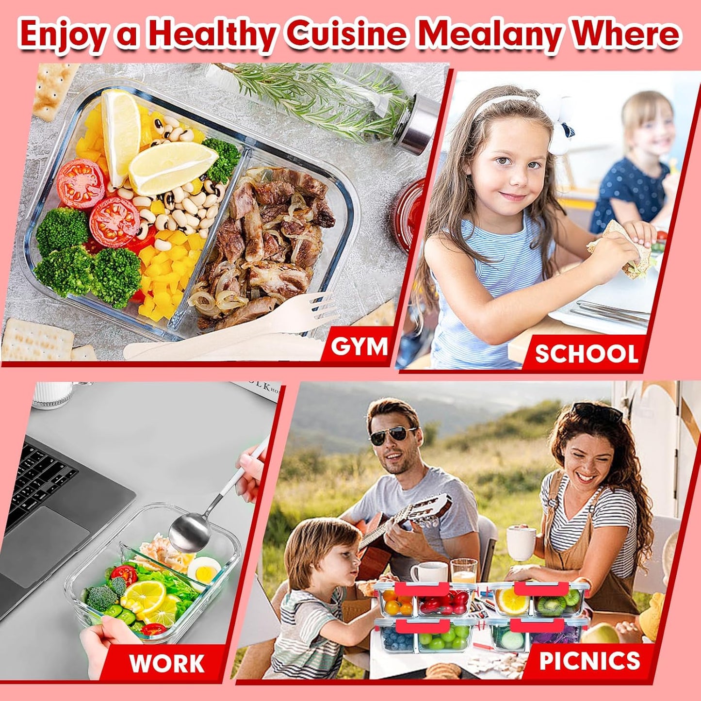 VERONES 5 Pack Glass Meal Prep Containers 2 Compartment Set, 36OZ Airtight Glass Lunch Containers, Glass Food Storage Containers with Lids, for Microwave, Oven, Freezer & Dishwasher Friendly,Red