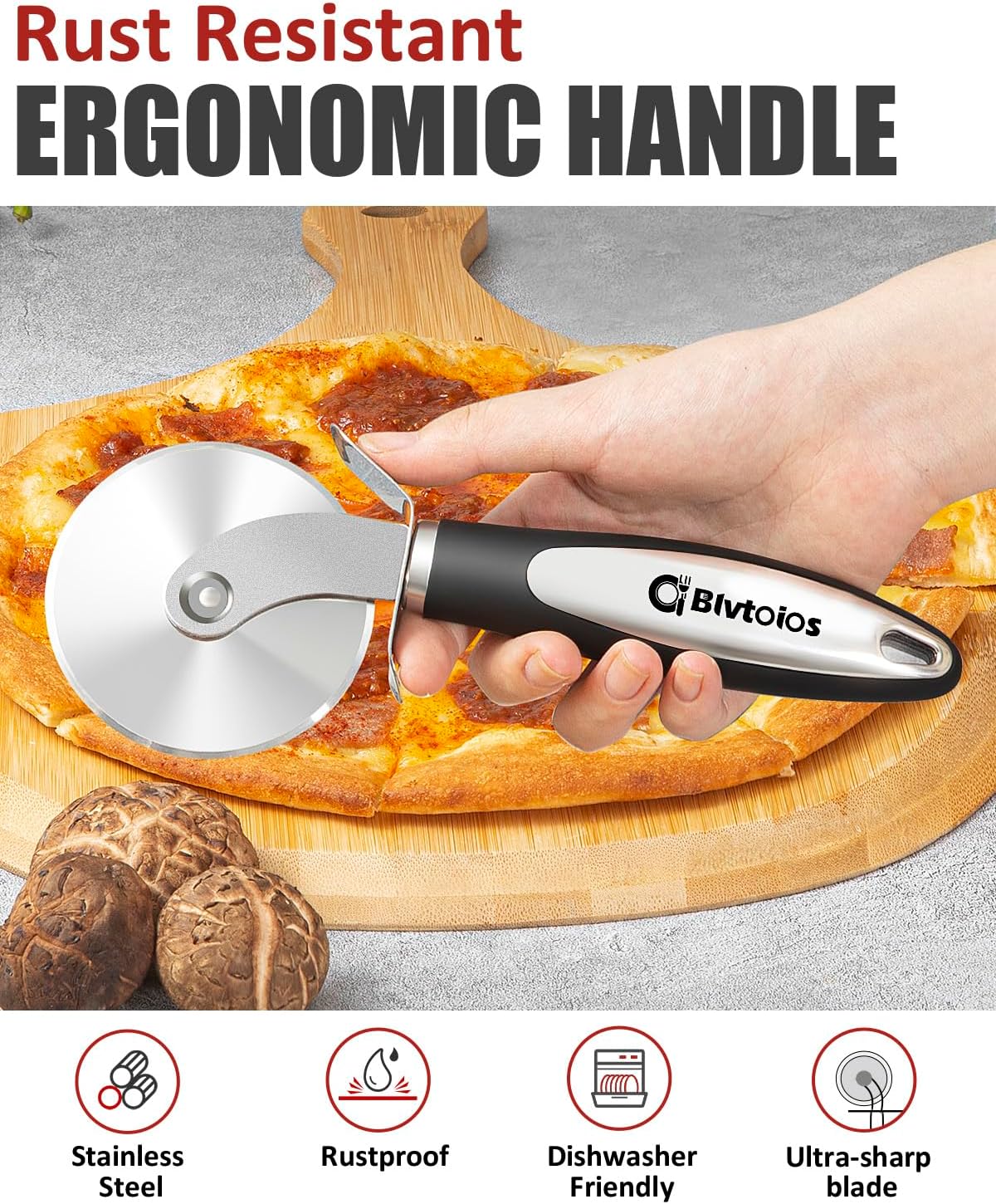 Premium Pizza Cutter, Multi-Purpose Stainless Steel Pizza Cutter Wheel with Non-Slip Soft Touch Handle, Perfect for Cutting Pizza, Dough and Pastry, Dishwasher Safe