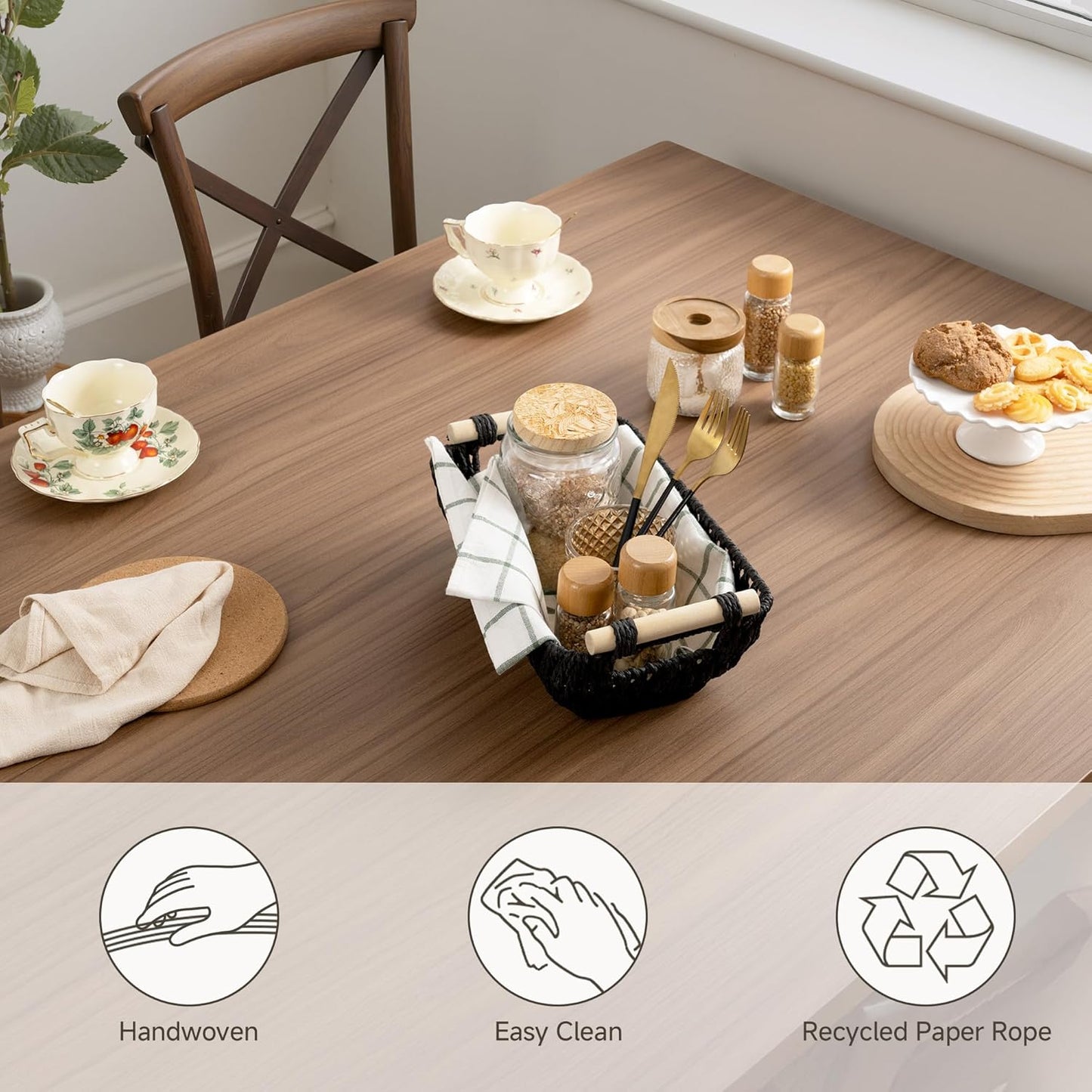 StorageWorks Black Wicker Storage Basket for Organizing with Wooden Handles, Small Woven Basket for Bathroom, Toilet Paper, 2-Pack