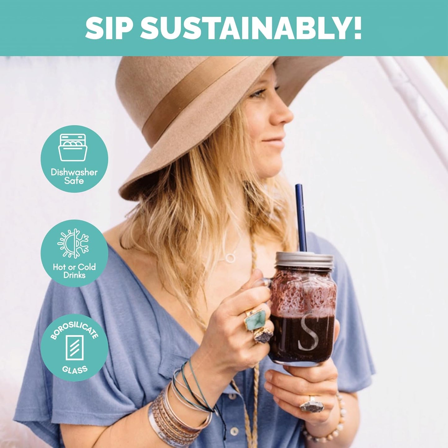 Simply Straws 10 Inch Glass Straws Straight (6-Pack) – Reusable Glass Straws for 24 Oz Mason Jars & Tumblers, with Cleaning Brush – Durable, Dishwasher Safe, Hot & Cold Use, BPA-Free (Seaglass)