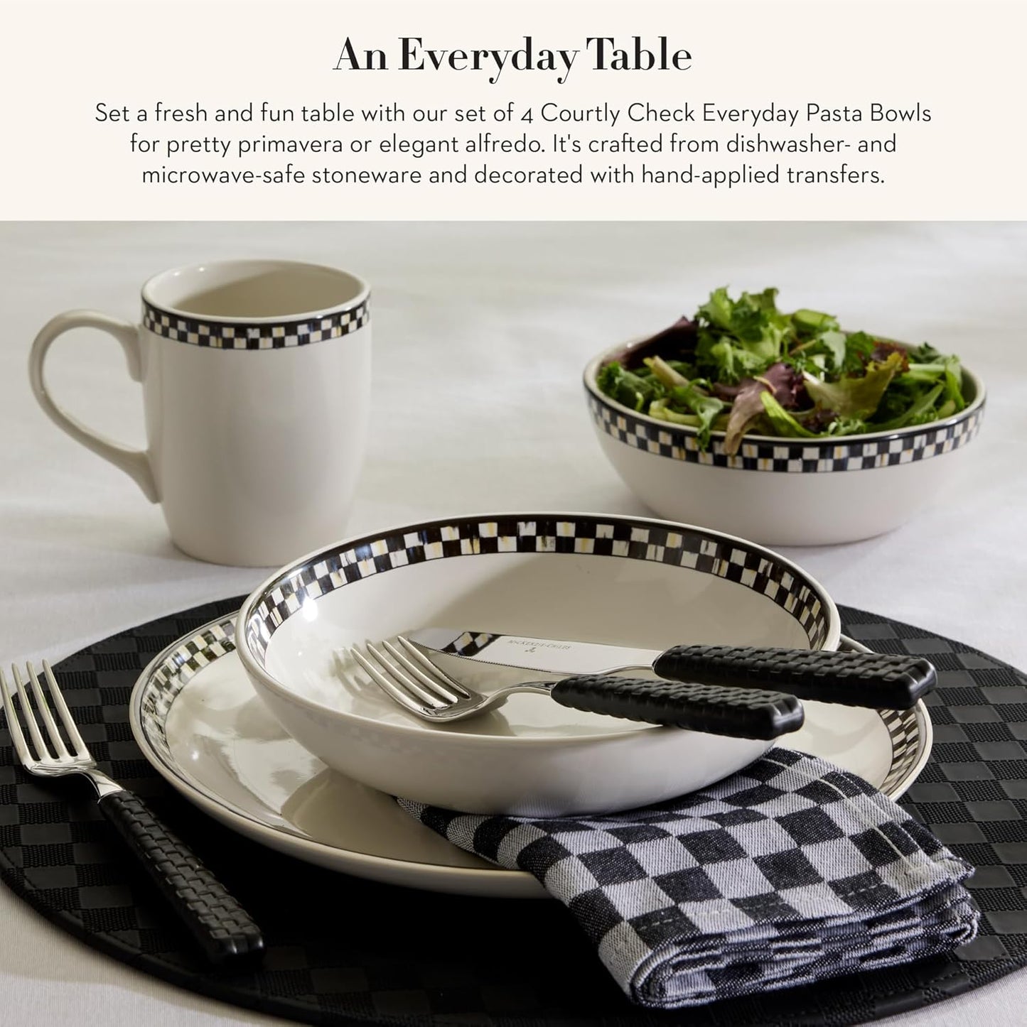 MACKENZIE-CHILDS Set of 4 Everyday Pasta Bowls, Microwave-Safe and Dishwasher-Safe Stoneware Bowls, Black-and-White Courtly Check