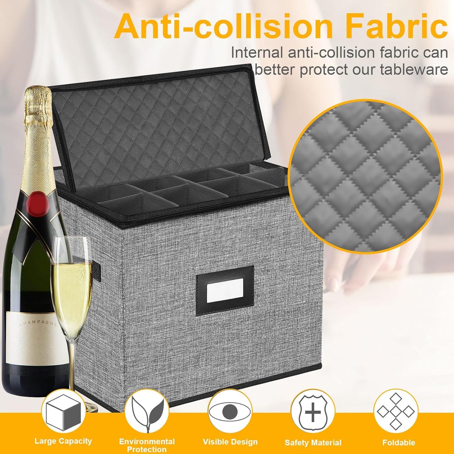 Champagne Flute Storage Box,Quilted Stemware Storage Box Hard Shell,Stackable Champagne Glass Container,Wine Glass, Crystal Glassware, Drinkware Case for Moving Transport(Grey)
