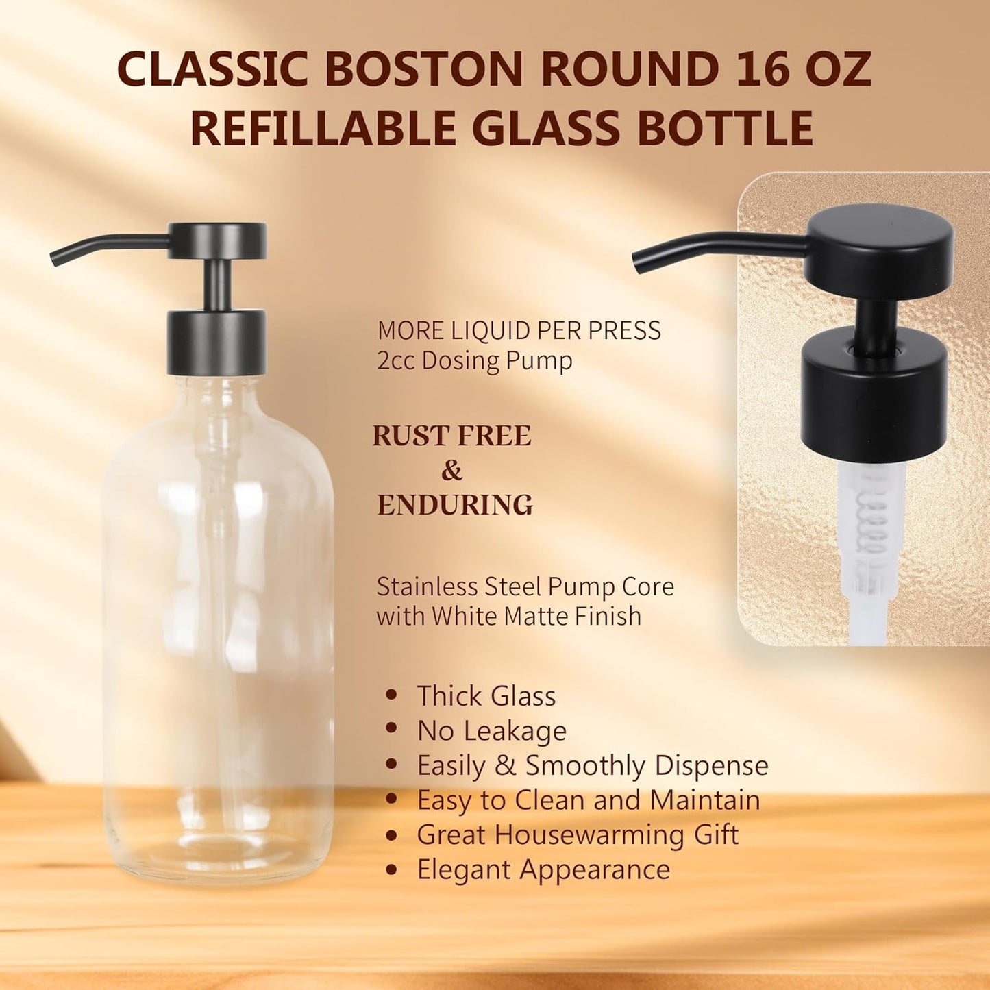 Set of 5 Kitchen Soap Dispenser Set 16 Oz Glass Hand Dish Soap Dispenser with Stainless Steel Pump, Cement Tray, Dish Scrub Brush for Farmhouse Rustic Home Bathroom Decor (Transparency)