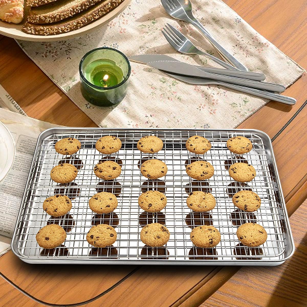 Baking Sheet with Rack Set [2 Pans + 2 Racks], Wildone Stainless Steel Cookie Sheet Baking Pan Tray with Cooling Rack, Size 16 x 12 x 1 Inch, Non Toxic & Heavy Duty & Easy Clean