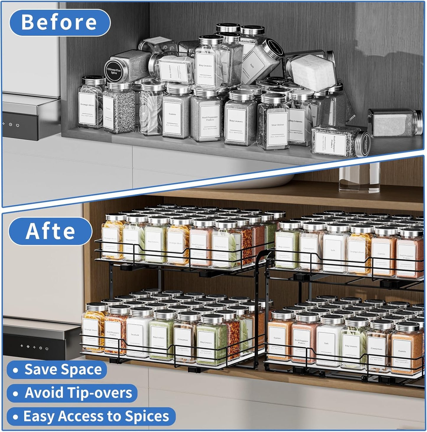 2-Tier Pull Out Spice Rack, Spice Rack Organizer, Pull Out Spice Racks for Inside Cabinets, Height Adjustable Heavy Duty Metal Basket for Inside Cabinet & Pantry (13.5''Wx10.5''Dx9.5''H)