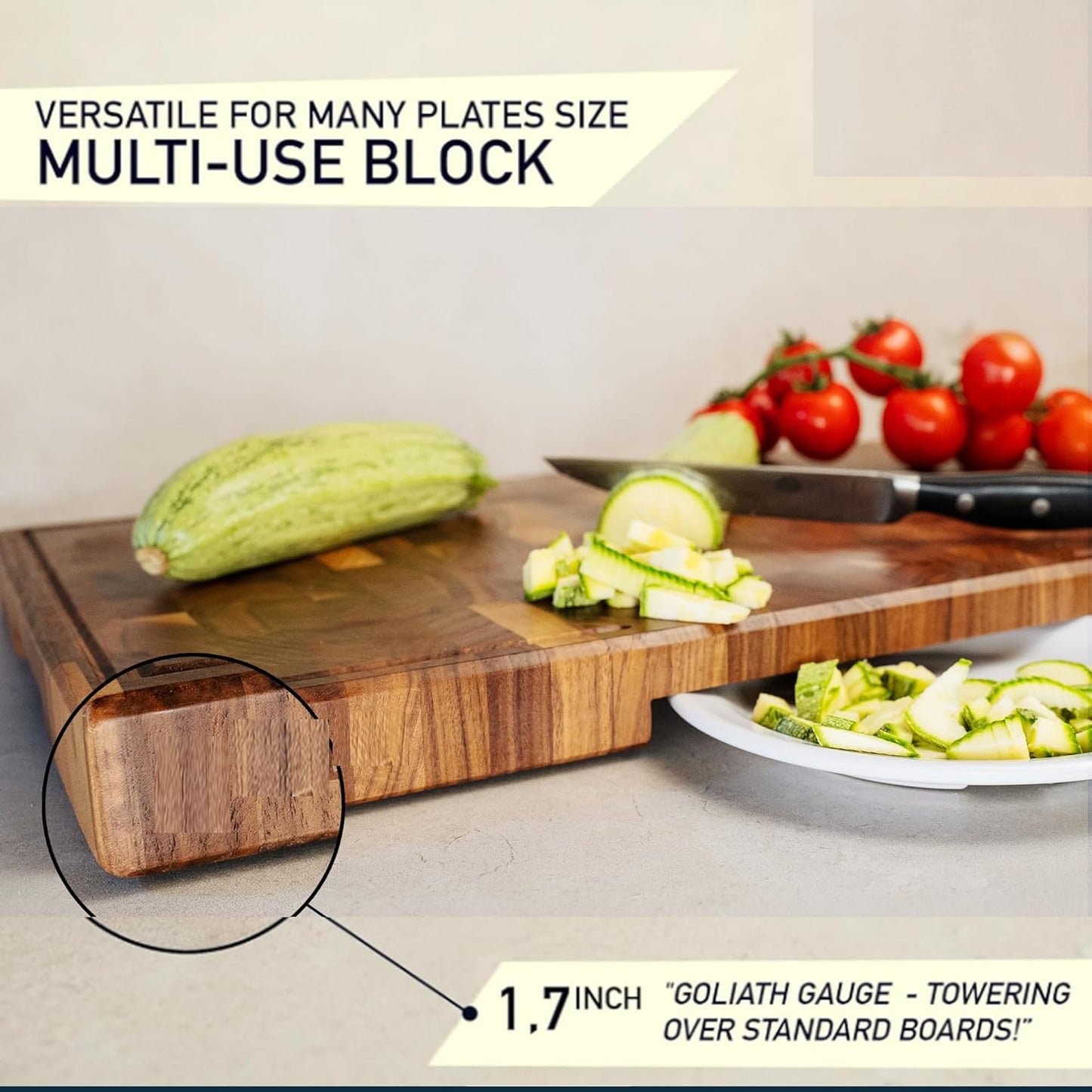 XXL American Black Walnut Cutting Board (ExtraThick 1.7"), Premium Quality & Professional Butcher Block. Heavy Duty End Grain Wood Chopping Board 24"L x 15"W (Oil bottle & Plate included)