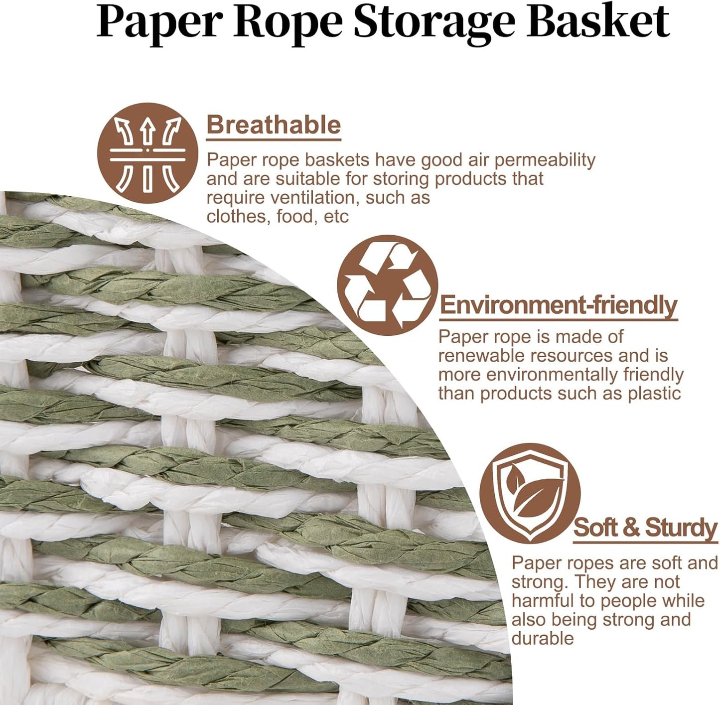 OIAHOMY Toilet Paper Baskets Handmade Paper Rope Decorative Wicker Storage Tank Shelf Cabinet Organizer for Bathroom Home, Set of 2, Green & White