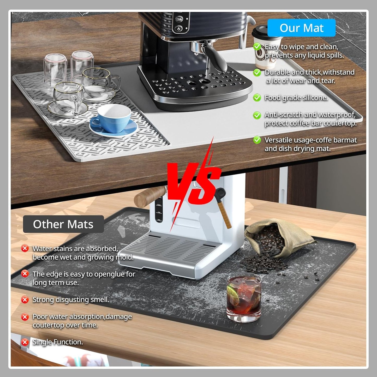 Silicone Coffee mat 24''x16'' – Non-Slip Bar Mat with Detachable Drying Layer for Espresso Machines, Countertops & Dish Racks