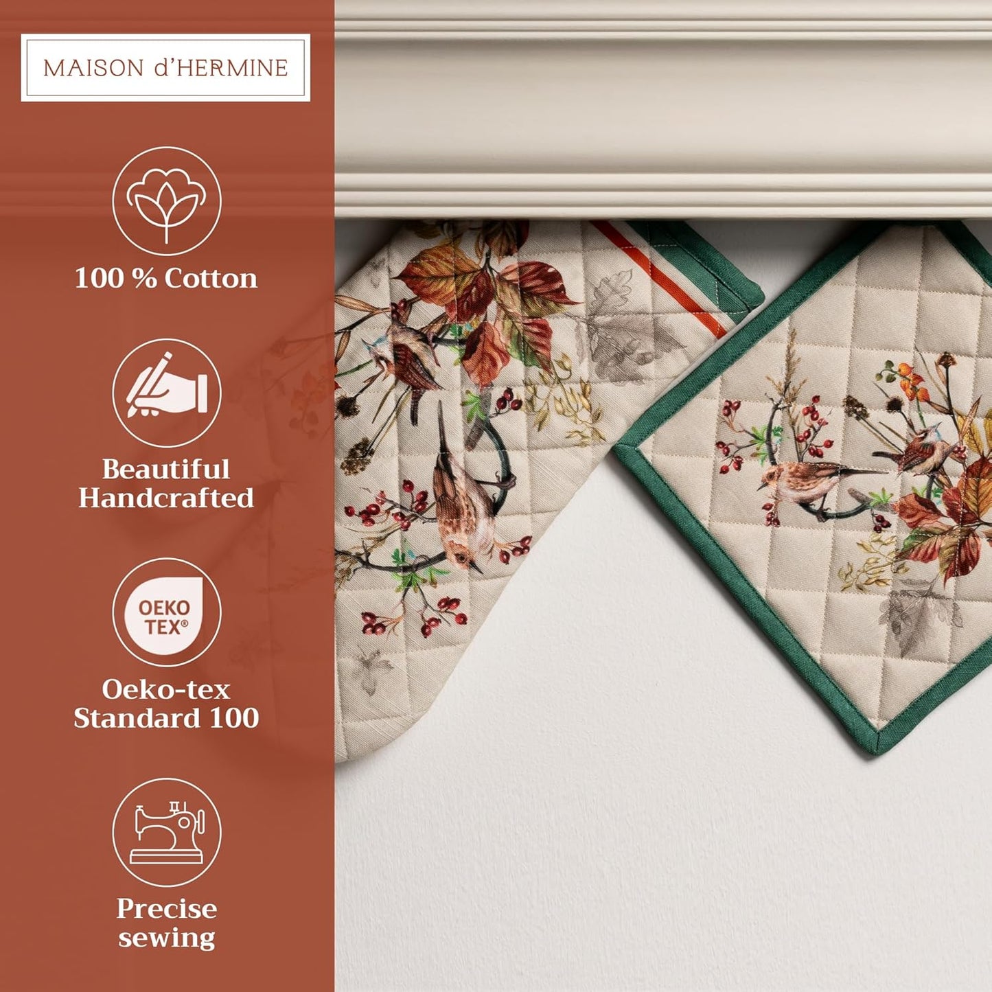 Maison d' Hermine 100% Cotton Oven Mitt & Pot Holder Set (7.5"x13" & 8"x8") Heat Resistant BBQ Cooking Gloves with Loop, Baking, Grilling, Kitchen, Handling Hot Pans (Recolte)