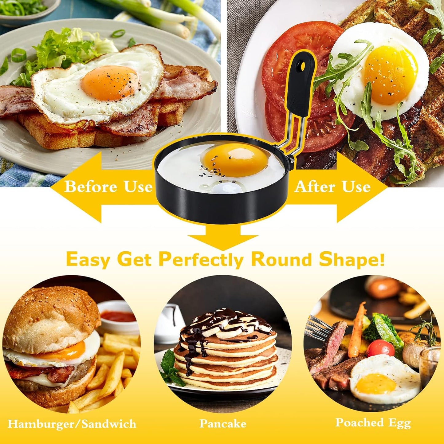 4'' Round+Square Egg Rings Set with Silicone Handle, Stainless Steel Egg Cooking Rings，Nonstick，For Frying Eggs and Egg Mcmuffins, Egg Mold For Breakfast