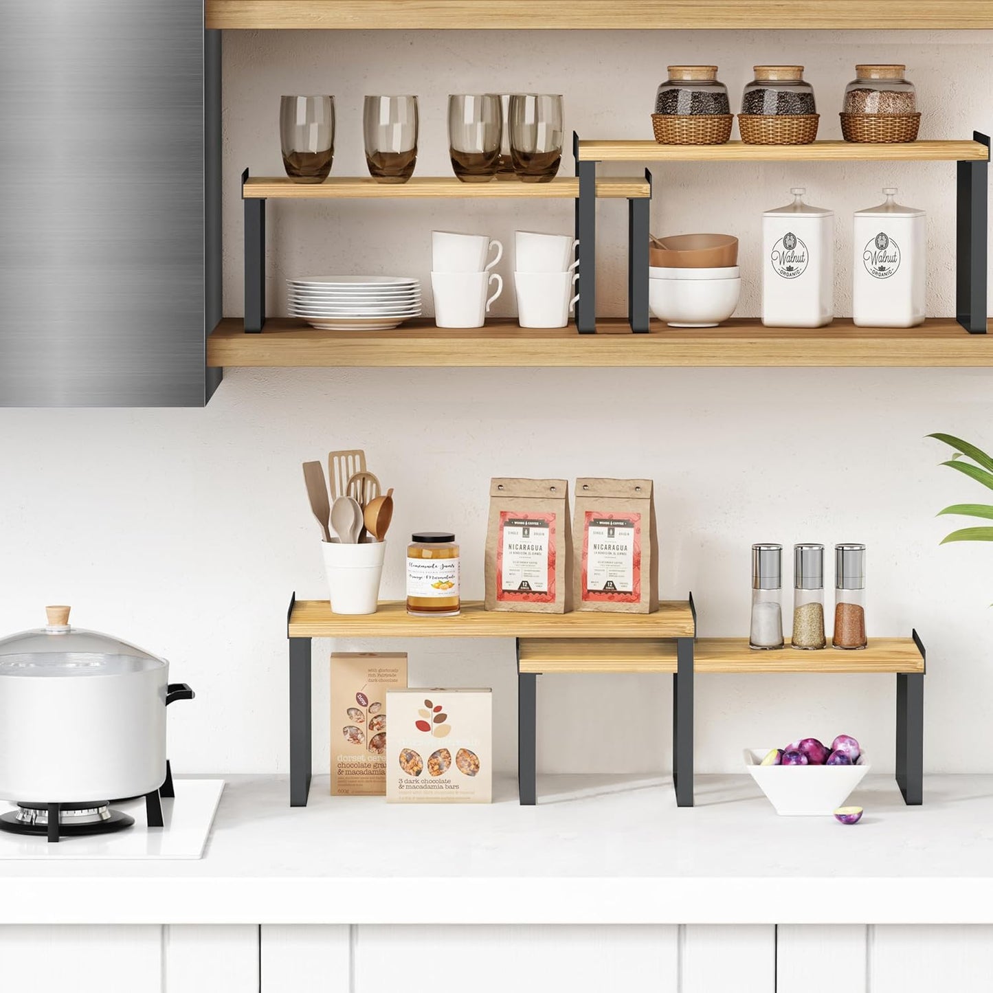 Kitchen Cabinet Organizer Shelf Set of 4, Stackable Pantry Cupboard Countertop Storage and Organizer, Desk Shelf Riser, Spice Plate Cup Expandable Storage Rack,(Black Bamboo) Large