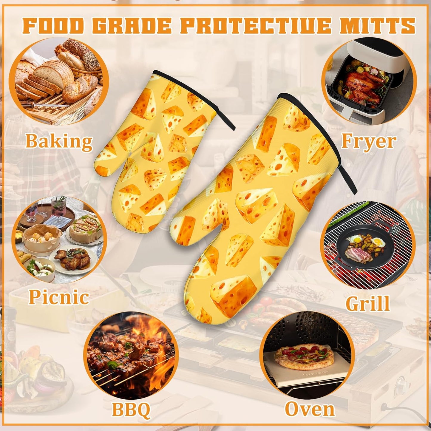 Cute Cheese Oven Mitts and Pot Holders Set,Kitchen Oven Gloves and Pot Holder with Heat Resistant Non Slip for Cooking Baking Grilling(4 Piece Set)