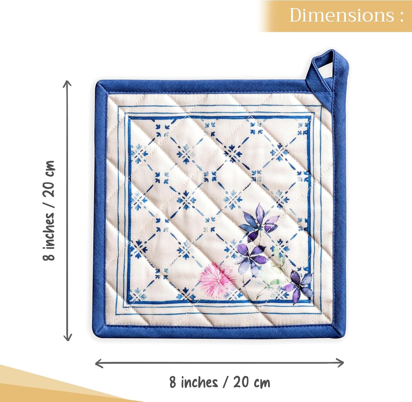 Maison d' Hermine Pot Holders 100% Cotton Heat Resistant Potholders 8" x 8" Hot Pads with Loop BBQ, Cooking, Baking, Grilling, Kitchen, Handling Hot Pans Spring/Summer (Pack of 1, Faience)