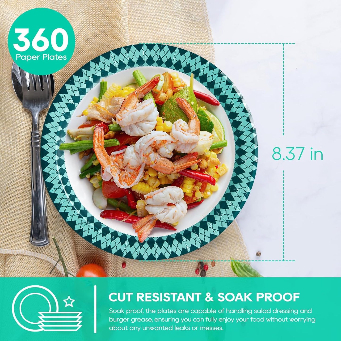 JOLLY PARTY Paper Plates Disposable, 360 Count 8.37 inch Dinner Plates, Soak Proof, Cut Proof for Everyday Use, Diamond Pattern Rim Design