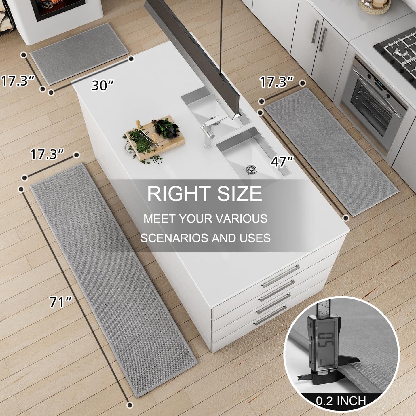 Kitchen Mat Set of 2 PCS, Cushioned Non Slip Rugs for Kitchen Floor, Absorbent Runner Comfort Standing Mats Washable for Kitchen, Office, Home, (Grey, 17.3"x47"+17.3"x71")