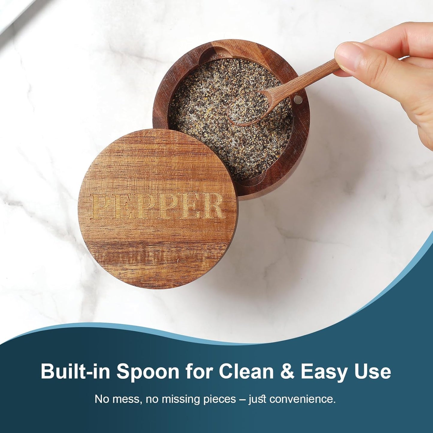 PEPPER Cellar, Acacia Wood Salt Container with Built-in Spoon & Swivel Lid, Engraved PEPPER Box, Salt Holder Bowl for Countertop Seasoning Storage