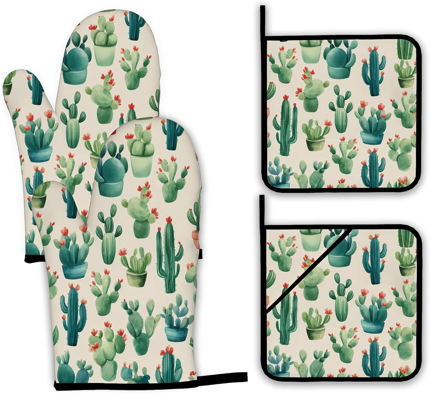 Cactus Succulent Flower Oven Mitts and Pot Holders Set,Kitchen Decor Heat Resistant Non Slip Hot Pads and Oven Mitt for Chef Cooking Baking BBQ Mom Girl Gifts(4 Piece Set)