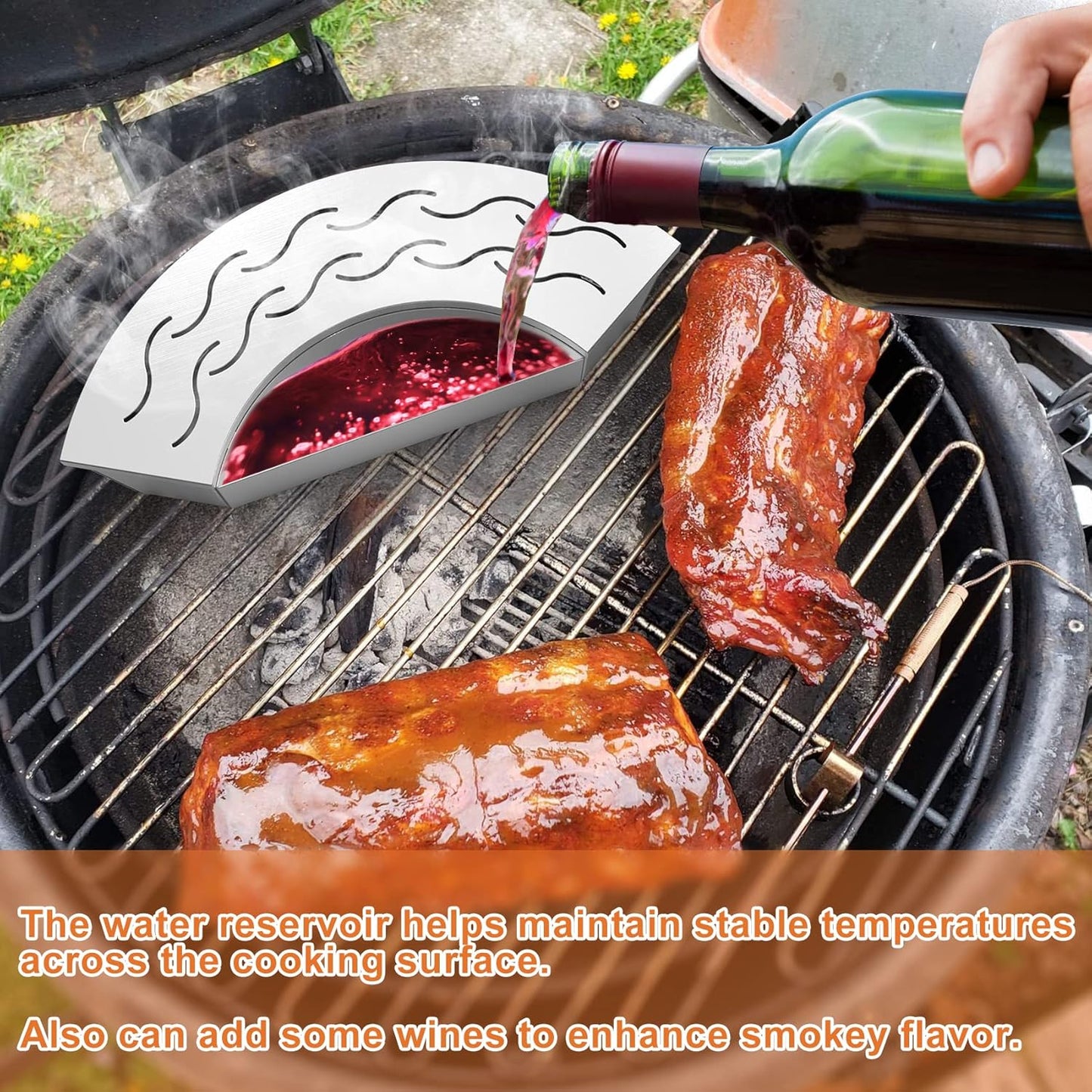 Onlyfire BBQ Smoker Box, Stainless Steel Fan-Shape Wood Chip Smoker Box with Removable Lid & Water Reservoir for Charcoal Grills, Kamado Grills - Add Smokey BBQ Flavor to Your Foods, Design Patent