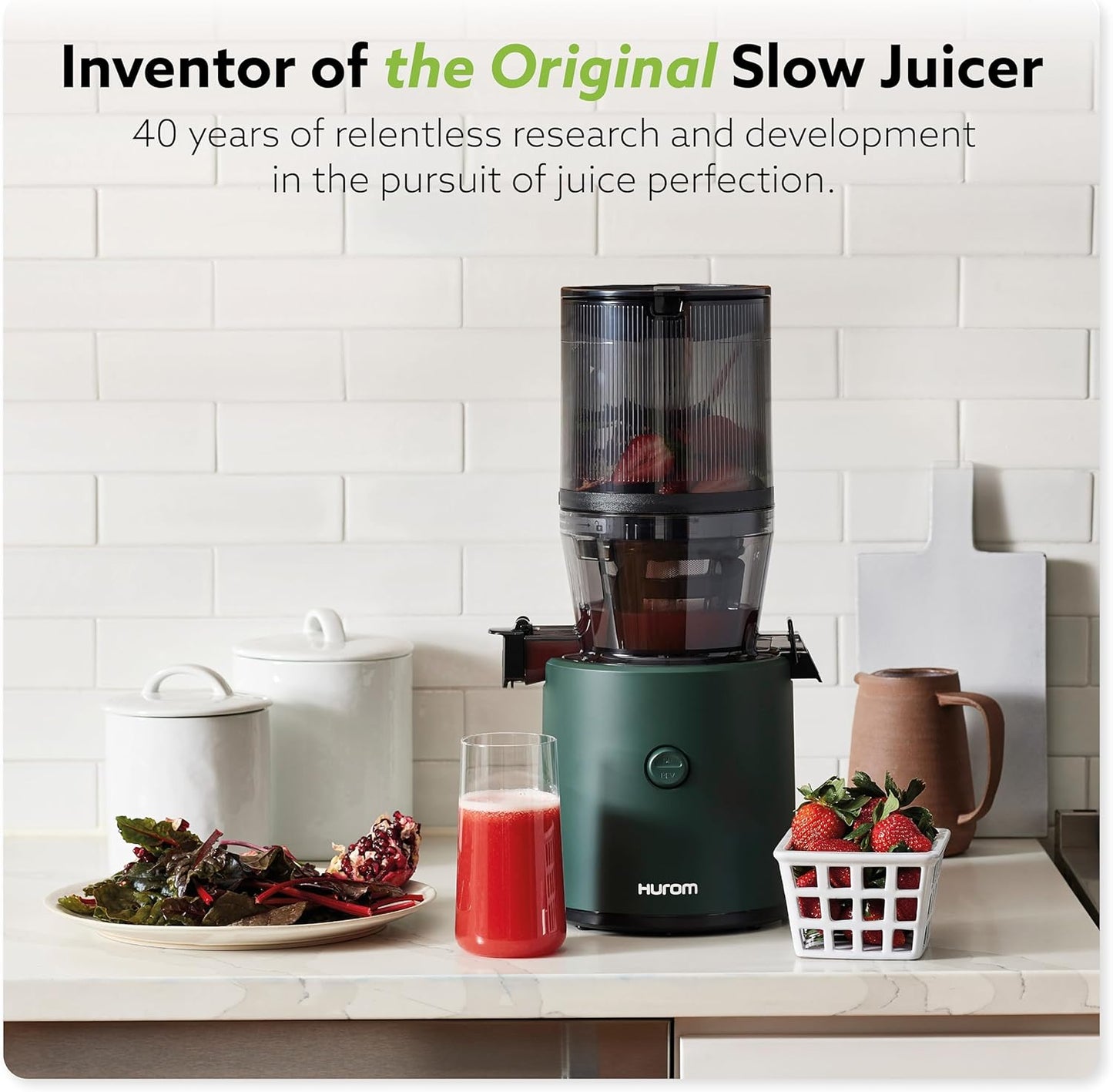 Hurom H320 Cold Press Juicer Machine, Easy to Clean Masticating Slow Juicer, Coarse Strainers, Self-Feeding, Hands Free, Family Size, Quiet Motor, Easy Assembly (Kale/Dark Green)