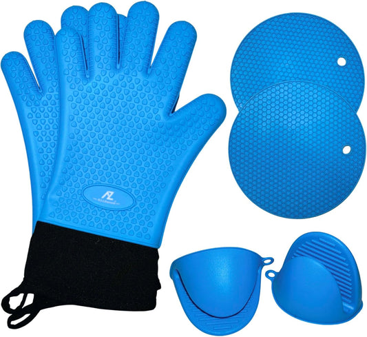 Silicone Smoker Oven Gloves & BBQ Set – Extreme Heat Resistant, Waterproof Oven Mitts, Mini Gloves, Hot Pads & Pot Holders for Cooking, Grilling, Baking, Extra Soft, Superior Value 6 pc Set. (Blue)