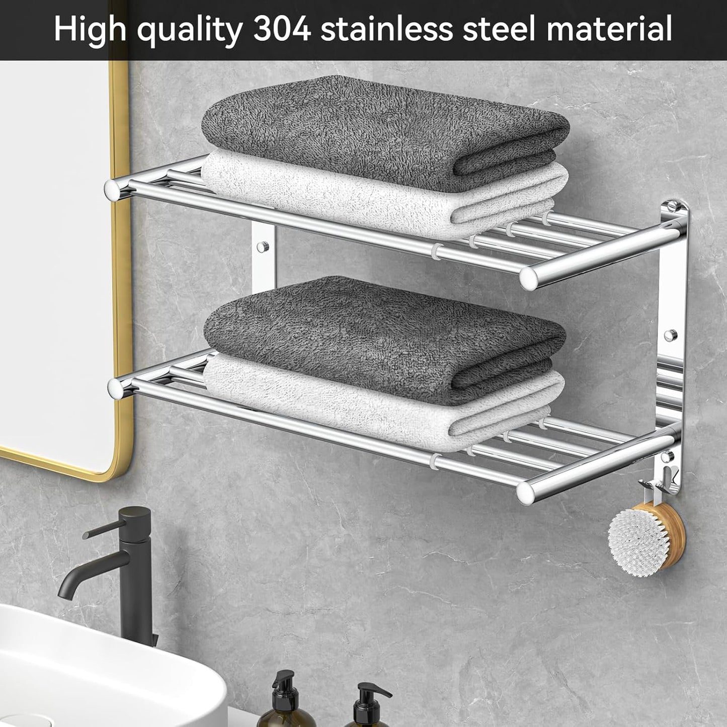 Adjustable Towel Bar for Bathroom Wall Mount17-30.7inch Adhesive Shower Towel Rack Stainless Steel Bath Towel Holders for Toilet Kitchen Double Towel Hanger (Double Towel Rack)