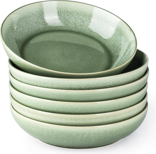 AmorArc 8.5'' Large Ceramic Pasta Bowls Set, 36oz Stoneware Bowls Set of 6 for Kitchen, Reavtive Glaze Bowls-Microwave,Dishwasher Safe for Pasta,Salad,Oatmeal-Olive Green
