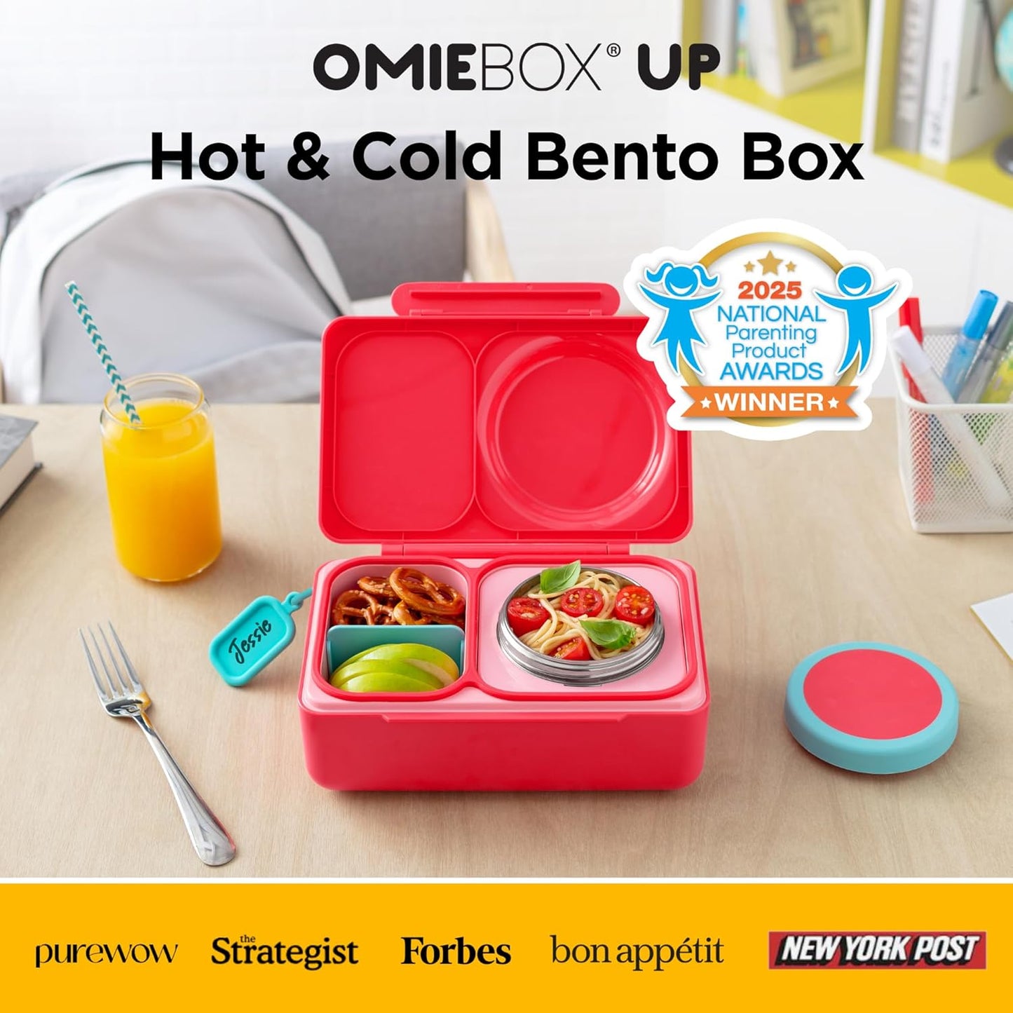 Omie OmieBox UP bento Box for Kids | Insulated Lunch Box | Leak Proof Vacuum Insulated Thermal Food jar | Cooler ice Pack | 2 Compartments (Cherry Pink)