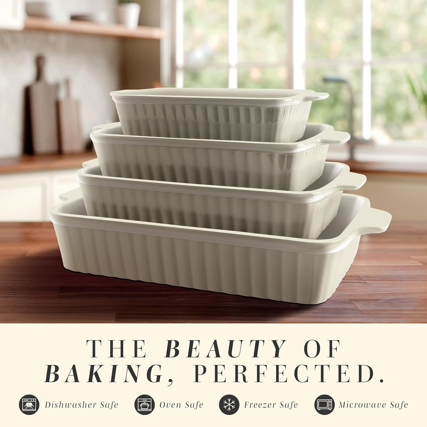 COOK WITH COLOR Casserole Dishes for Oven, Porcelain Baking Dishes, Ceramic Bakeware Sets of 4, Rectangular Pans Handles for Baking Cake Kitchen