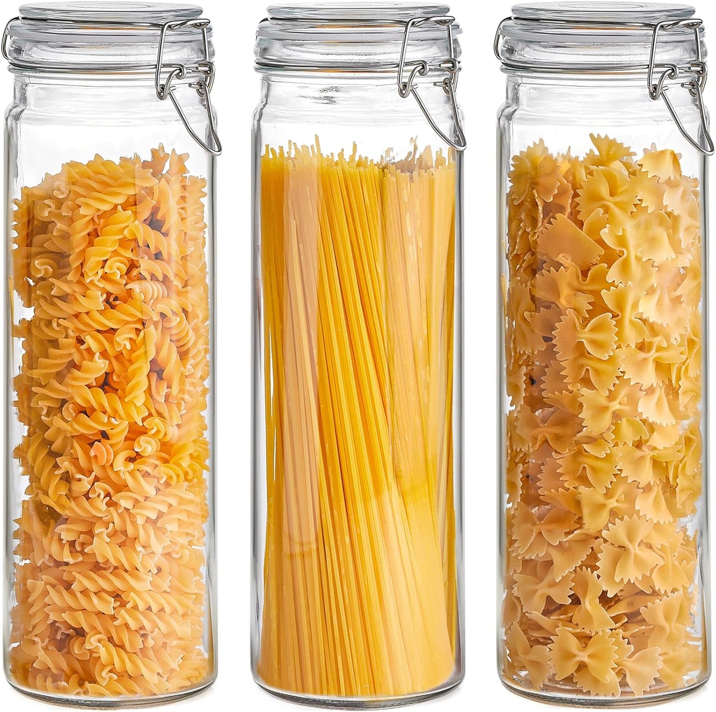 ComSaf 60oz Airtight Glass Jars Set of 3 with Lids Food Storage Jar Round - Tall Spaghetti Container with Clear Preserving Seal Wire Clip Fastening, Pasta jar for Kitchen Canning, Nut,Oat, Dry Goods