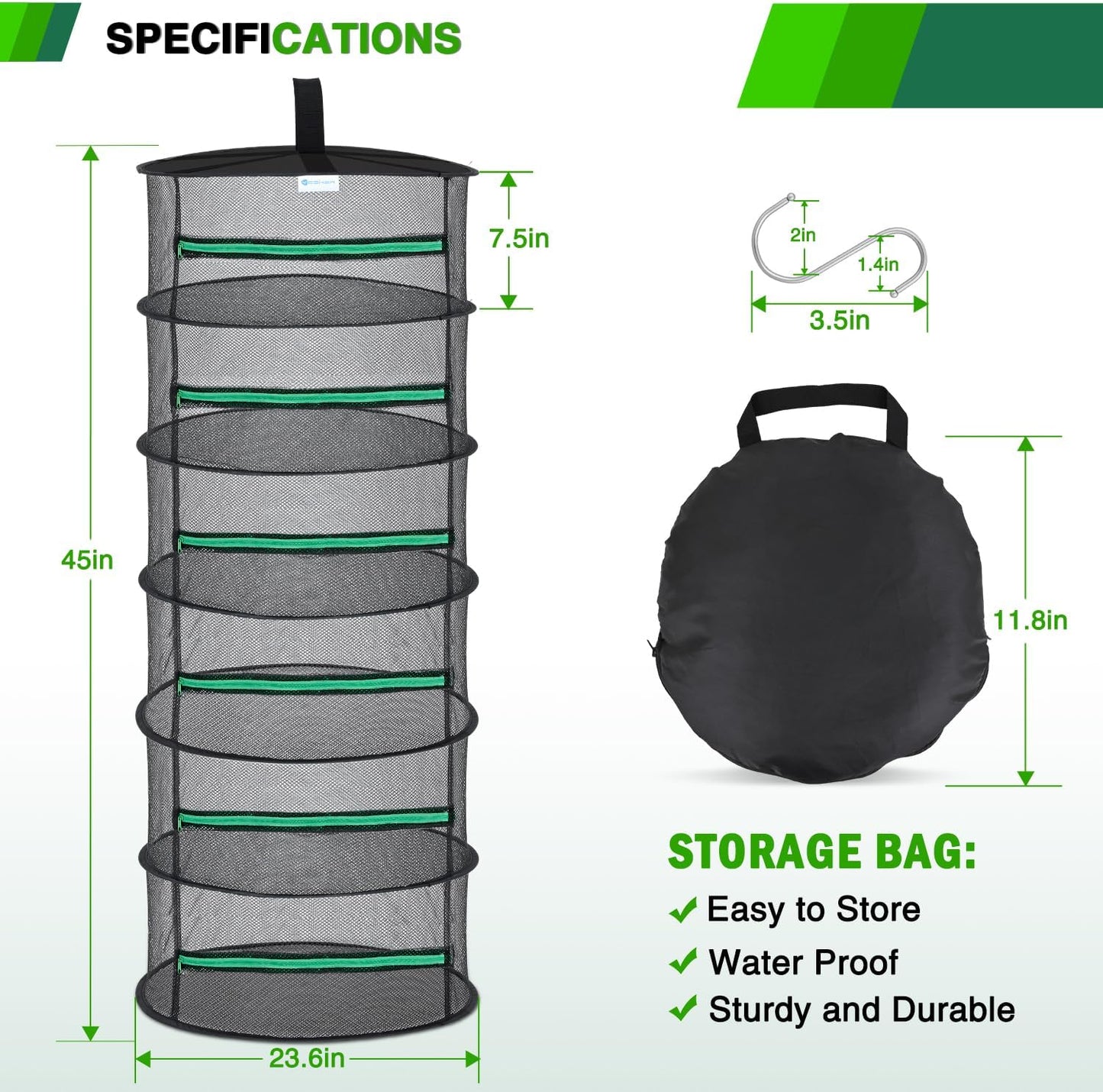 Yesker 6 Layer Herb Drying Rack Hanging Mesh Net Foldable Plant Drying Racks 24" Diameter with Green Zipper & Hook Dryer Hanging Rack for Herbs Seed Bud Fruit Clothes Grow Tent Closets Garden Outdoor