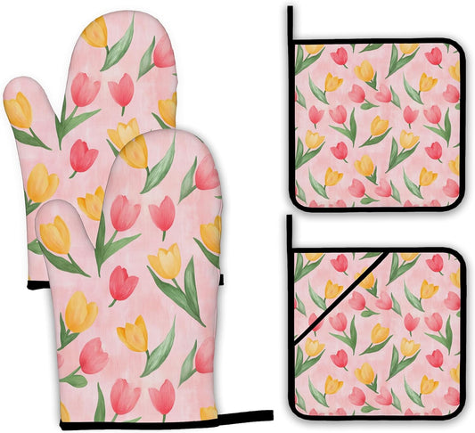 Pink Tulip Oven Mitts and Pot Holders Set,Spring Summer Kitchen Decor Heat Resistant Non Slip Hot Pads and Oven Mitt for Chef Cooking Baking BBQ Mom Girl Gifts(4 Piece Set)