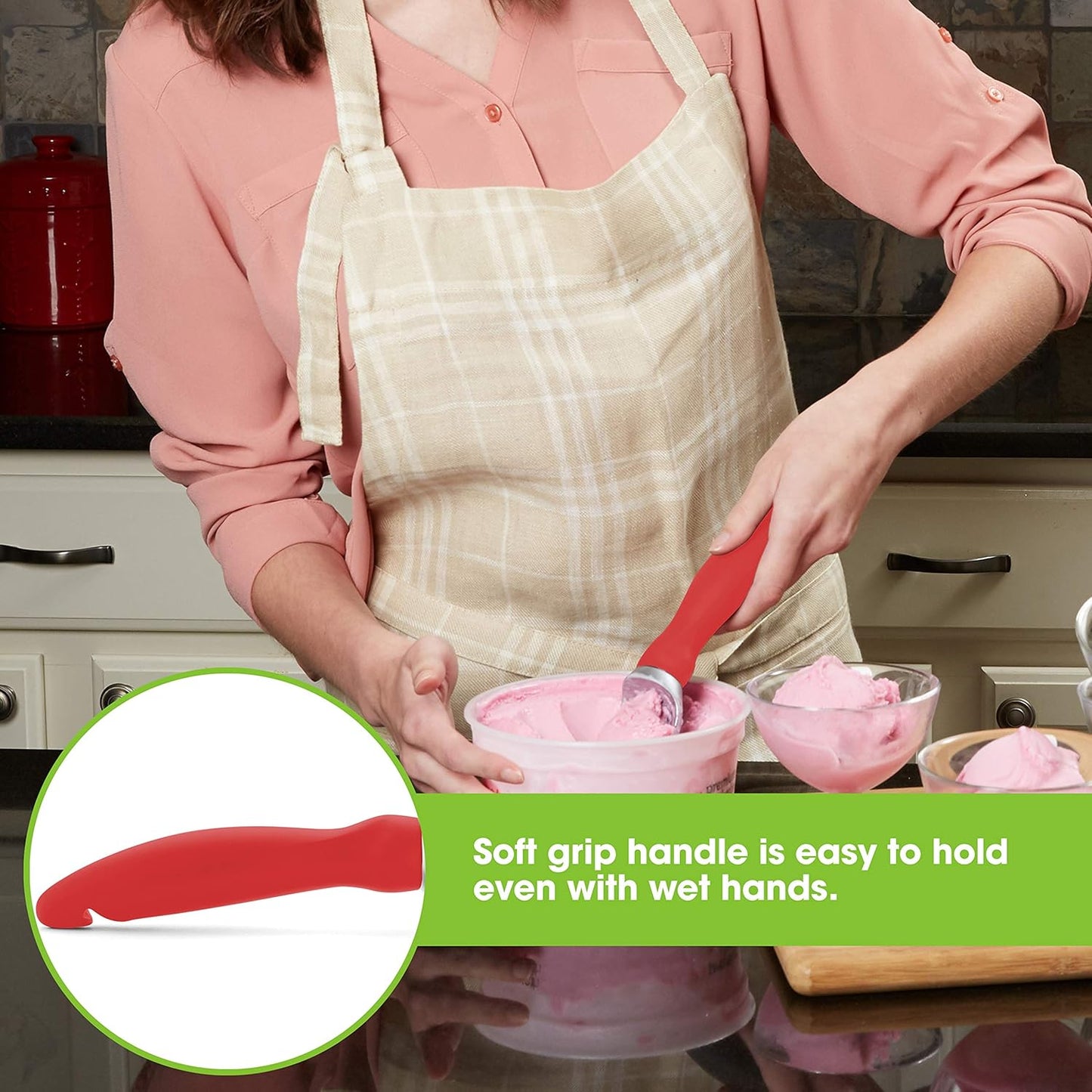 Spring Chef Red Heavy Duty Ice Cream Scoop - Stainless Steel Ice Cream Scooper with Non-Slip Handle - Premium Metal Kitchen Tool for Gelato, Sorbet, Melon - Dishwasher Safe Icecream Spoon