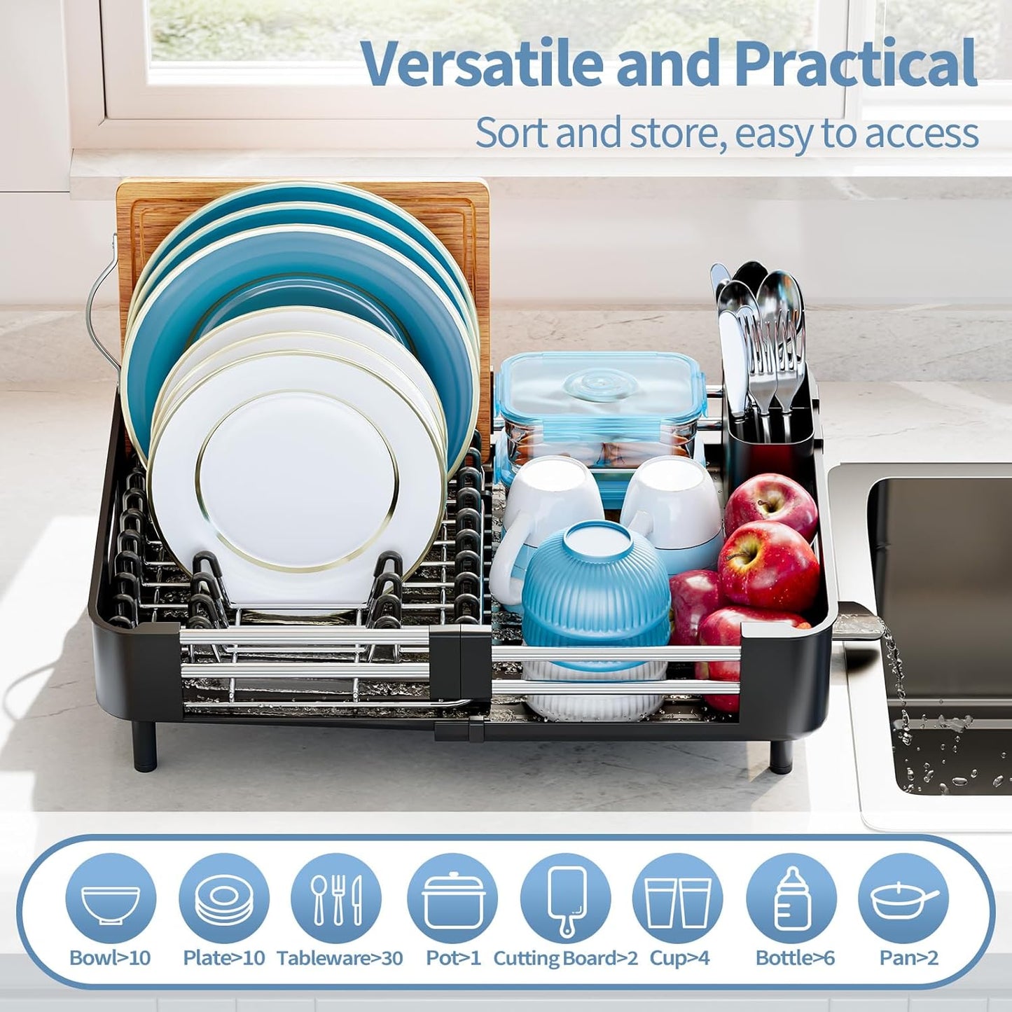 Stainless Steel Dish Drying Rack - Dish Drainer for Kitchen Counter, Extendable Drainboard with Foldable, Space-Saving Cup & Bowl Organizer, Includes Knife and Utensil Holder, Black