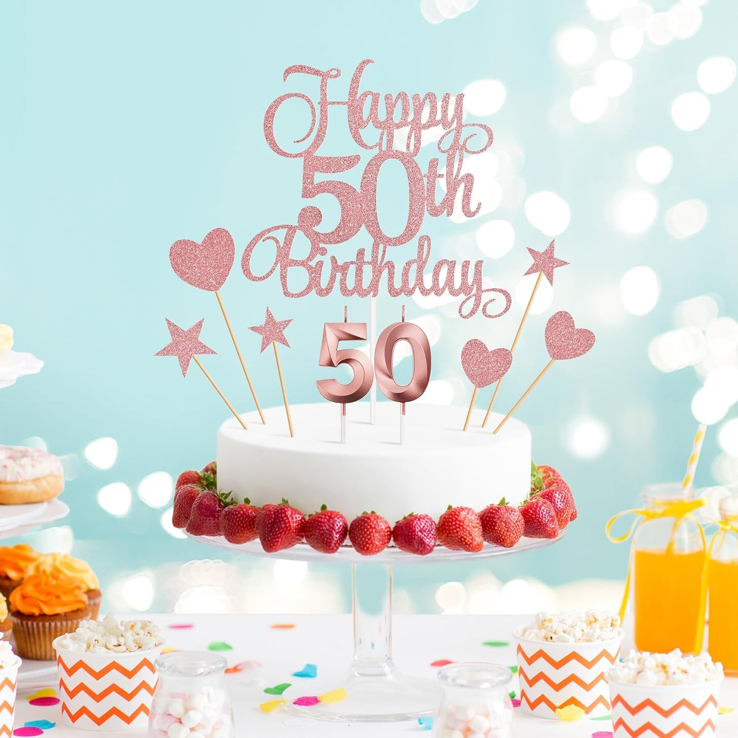 50th Birthday Cake Decorations, 50th Birthday Candles Cake Numeral Candles and Glitter Happy 50th Birthday Cake Toppers Set for Birthday Party Supplies (Rose Gold)