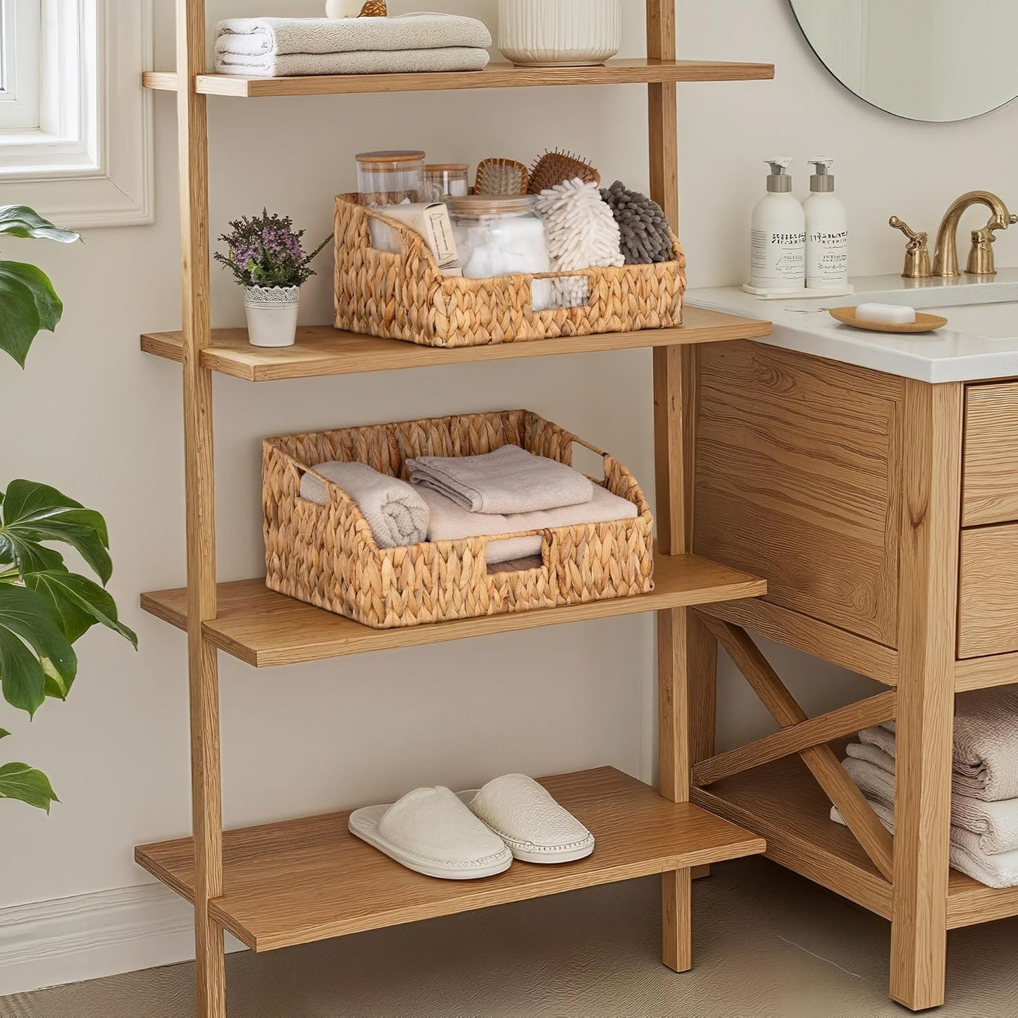 StorageWorks Pantry Baskets for Organizing, Water Hyacinth Baskets for shelves with Built-in Handles, Pantry Organizers and Storage, Set of 2 (Large and Medium)