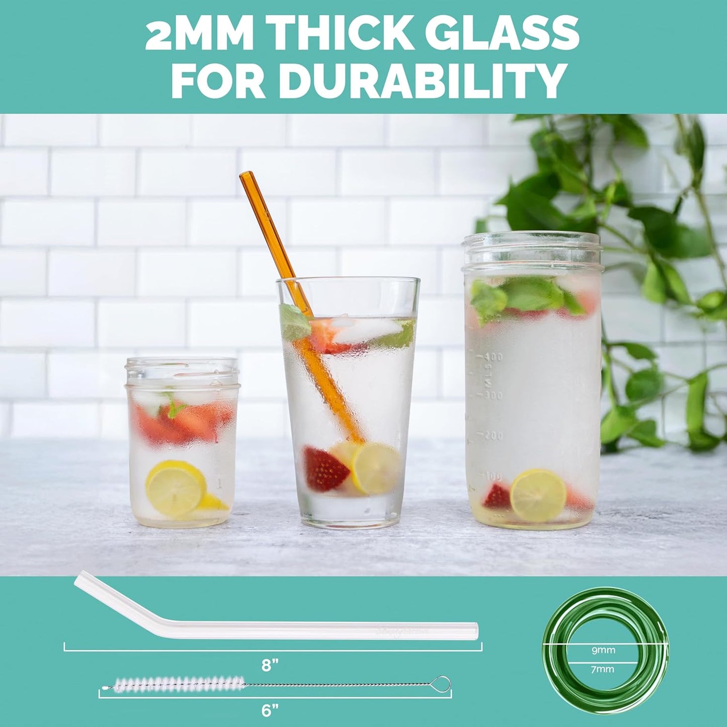 Simply Straws 8 Inch Glass Straws Bent (6-Pack) – Reusable Glass Straws for Pints & Juice Drinkware, with Cleaning Brush – Dishwasher Safe, Hot & Cold Use, BPA-Free (Air)