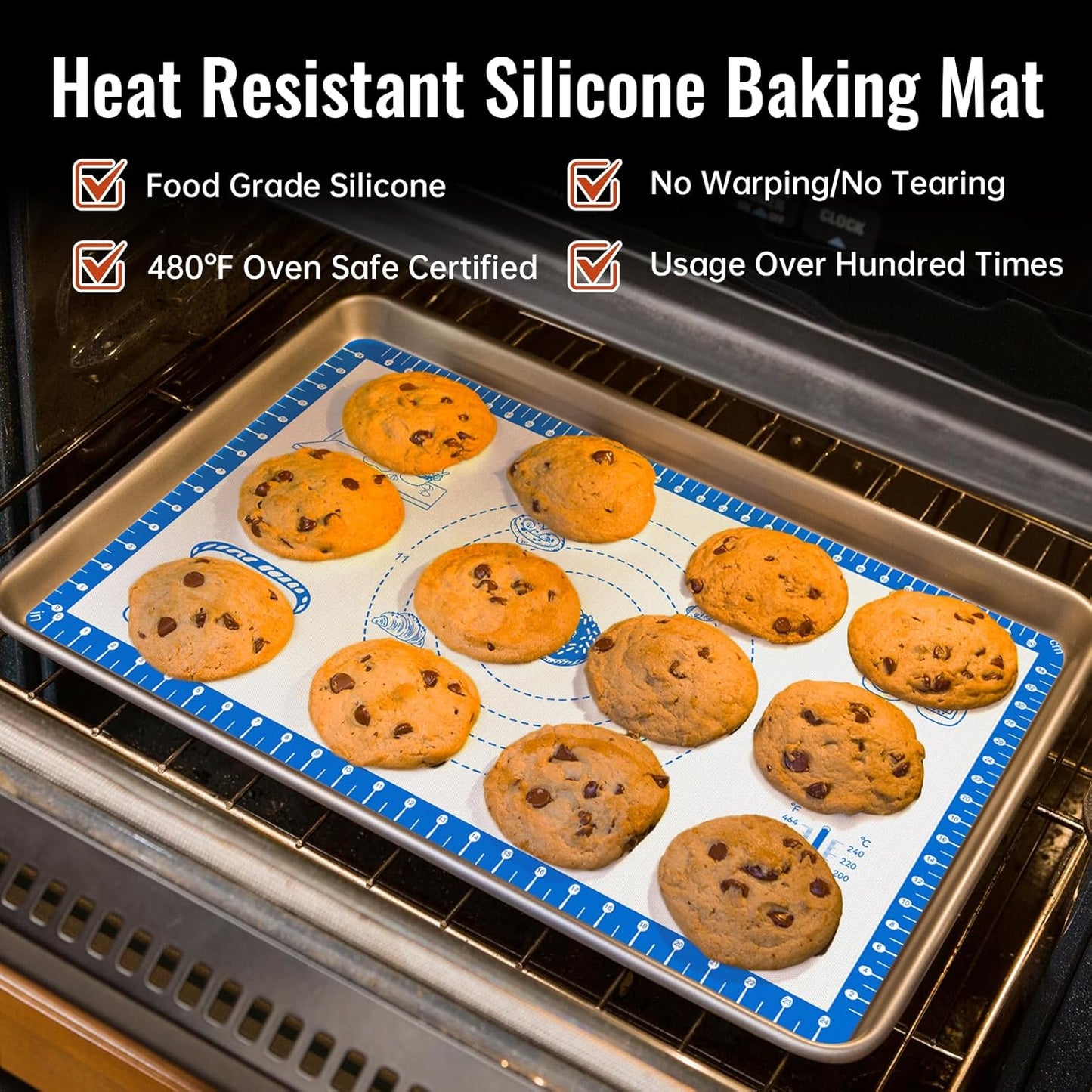 Silicone Baking Mat with 10 Useful Recipes, Silicone Mat for Baking,Cookie, Macaron, Pizza, Surdough,Silicone Sheet for Dough Rolling out, ExtraLarge and 480°F Oven Safe