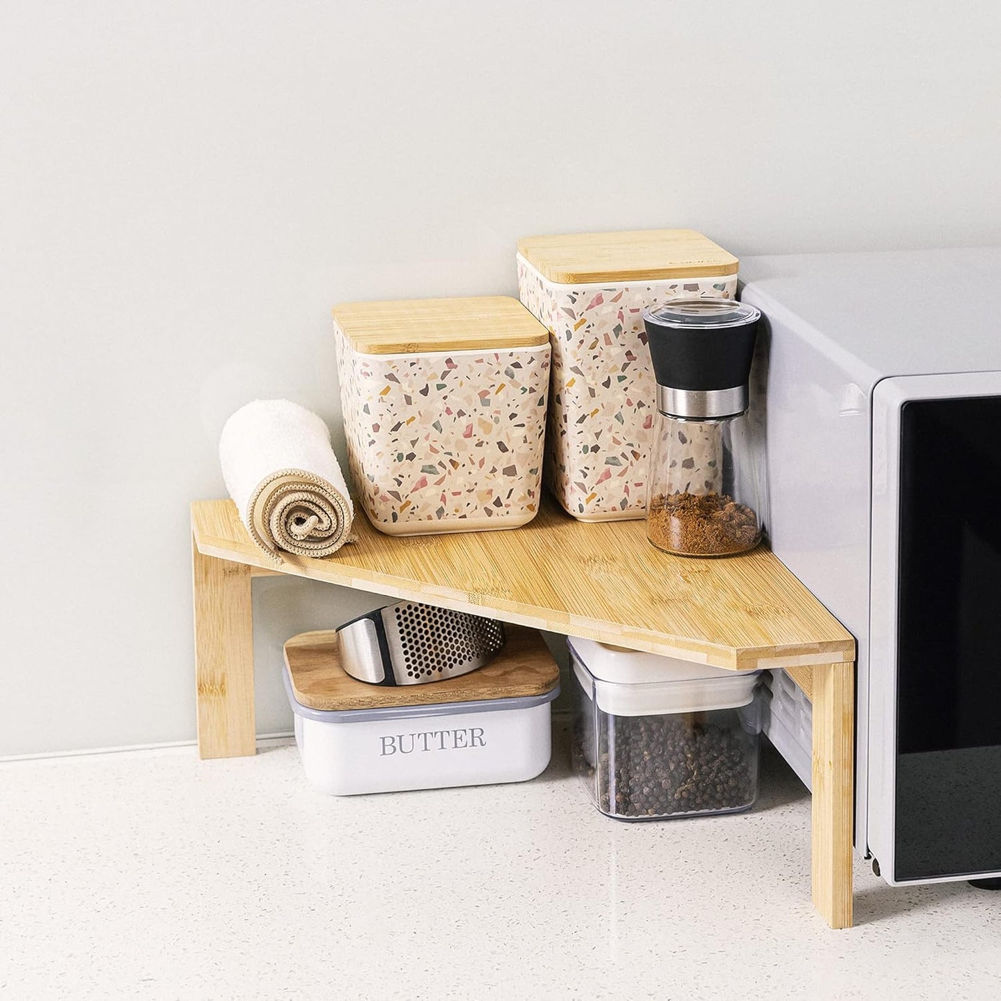 Navaris Bamboo Corner Shelf Unit - Free-Standing Corner Shelf for Kitchen Cabinet Cupboard Countertop Work Surface Storage Organizer 11.8"x11.8"x5.9"