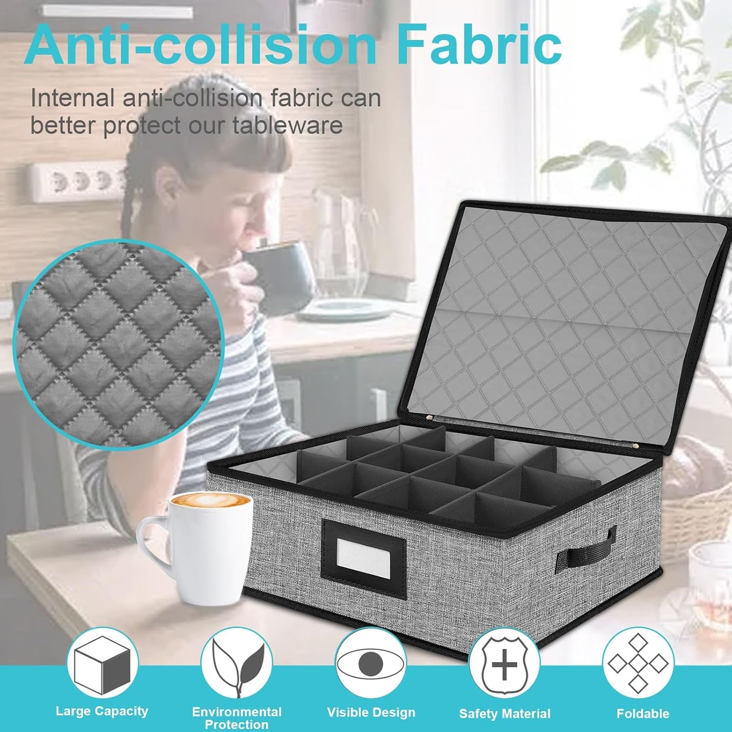 2PACK Quilted Mug Cup Storage Box-China Storage Containers Hard Shell,Cup Storage Containers with Lid for Moving Transport,Kichen Dinnerware Storage